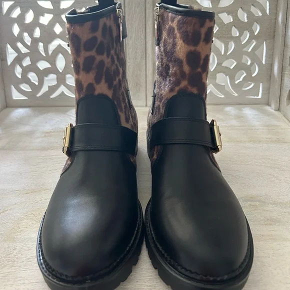 NEW Nine West Arria Leopard Animal and Black Combat Boots Moto Gold Buckles 9 - Picture 9 of 9